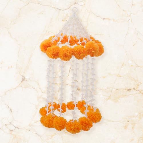 Diwali Orange Chimes Marigold Garland for Home Decoration, Artificial Marigold Toran Pendant for Indian Wedding Party, Marigold Flowers Hanging for All Year Decoration Holiday Party Decoration