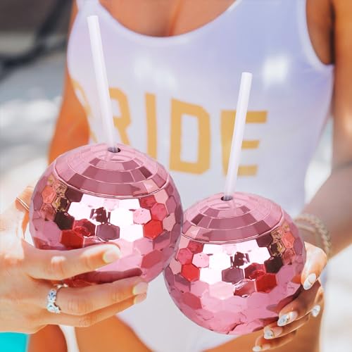 Image of tchrules 12PCS Pink Disco Ball Cups, Reusable Tumbler Disco Flash Bachelorette Party Cup Decorations Glitter Cocktail Ball Cups Spherical with Lid and Straw for Nightclub Bar Party Decor Supplies