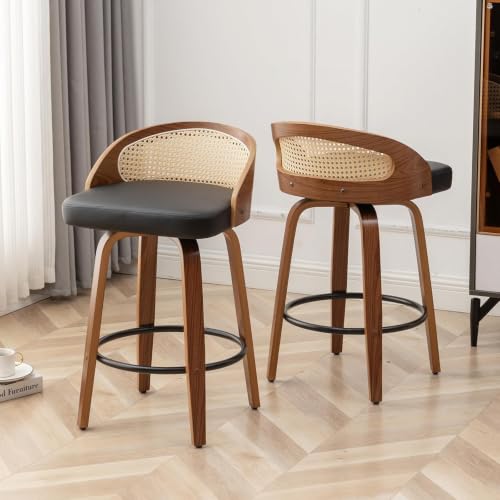 Image of Swivel Rattan Bar Stools Set of 2 with Back,Black Leather barstool chairs