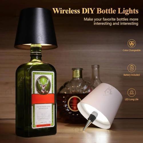 Image of ANKRI Wireless Bottle Lamp Combo LED 3 Colour Tones with Dimming | Touch Sensor On /Off | Night Light Lamp for Cafe Restaurant Home Living Room | 15 cm | USB Rechargeable | Black & White | Pack of 2