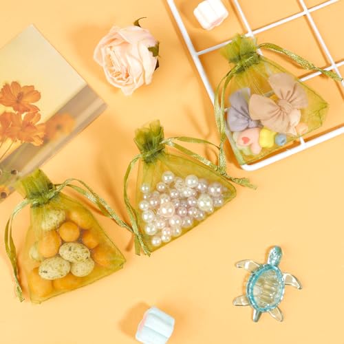 Image of BOEIAC 100 Pcs Sheer Small Drawstrin Organza Bags, Army Green 3 x 4 inch Jewelry Gift Mesh Party Wedding Favor Mini Candy Bags for Weddings Birthday Party Favors