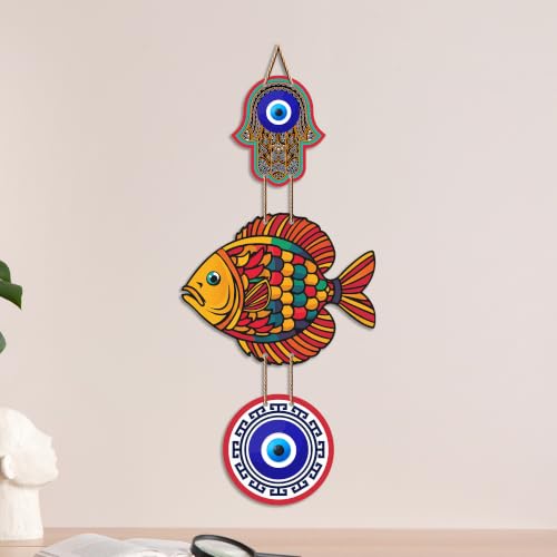 Image of Artvibes Multicolor Fish Wall Hanging for Home Entrance | Evil Eye Protection MDF Wall Decor | Lucky Fish Vastu Decorative Art for Living Room | Bedroom & Main Door | Positive Energy Gift (WH 8536N)