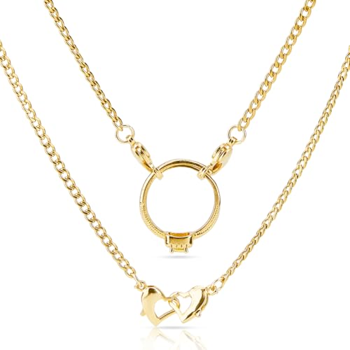 Double Heart Ring Holder Necklace Stainless Steel Paperclip Ring Holder Necklace with Handcuff Clasp for Wife Fiancee Nurse Ladies Gift