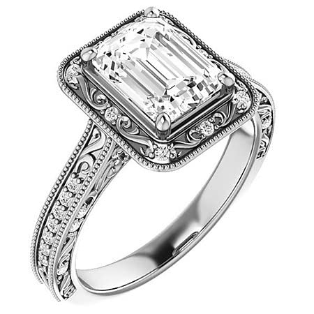 2 CT Emerald Cut Colorless Moissanite Engagement Ring Set Wedding/Bridal Ring Set, Diamond Ring Set, Anniversary Solitaire Halo Accented Promise Vintage Antique Gold Silver Ring Set2