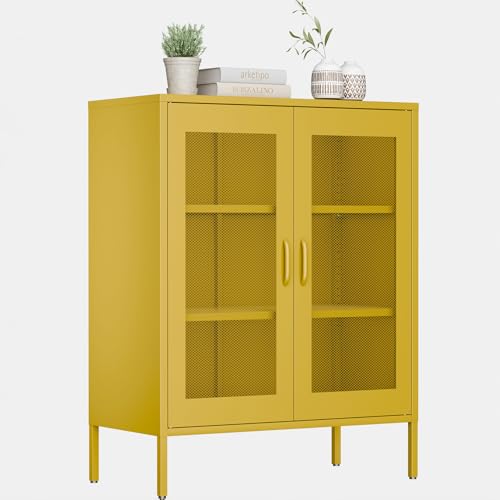 40'H Yellow Metal Cabinet,Locker Storage Cabinet,Bathroom Floor Storage Cabinet,Small Yellow Cabinets with 4 Doors,Freestanding Sideboard,Pantry Food Cabinet for Hallway,Home Office, Kitchen