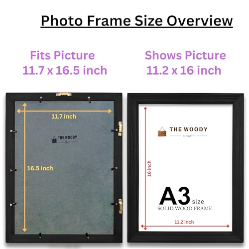 Image of A3 size Photo Frame | Photo Frame for Wall Decoration | Small Frames for Photos | Black Wooden Frame for Wall | Elegant Home & Office Decor (A3, 11.7x16.5 inch, Black)