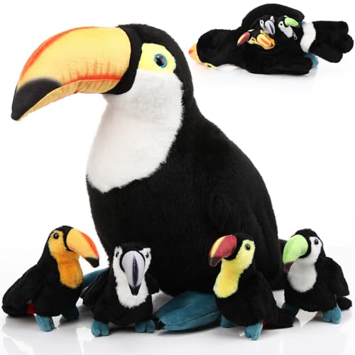 HyDren 5 Pcs Stuffed Toucan Animal Plush Gifts Black Bird Stuffed Animal 14 Inch Large Realistic Mommy Bird with 4 Small Baby Toucan Plushies in Zippered Tummy Toys for Birthday Gifts