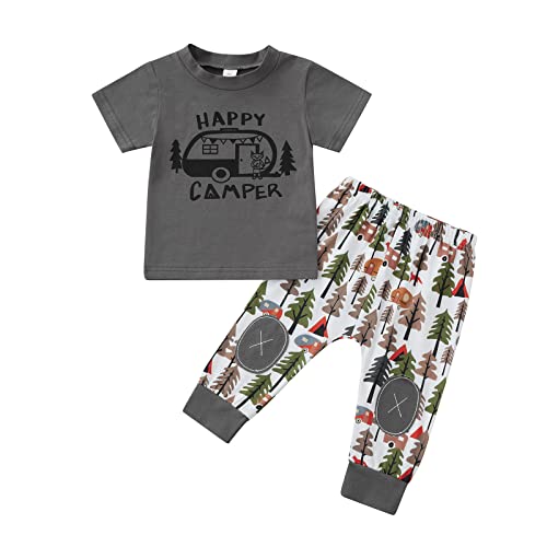 Image of BULINGNA 2Pcs Baby Boy Summer Outfit Short Sleeve T-shirt Tops Long Pants Happy Camper Clothes