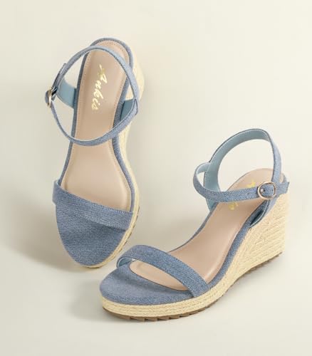 Image of Ankis Platform Wedge Sandals for Women, Black Brown White Nude Espadrille Womens Wedge Sandals Comfortable Open Toe Ankle Strap High Heel Wedges for Women Dressy Summer -3.4Inch
