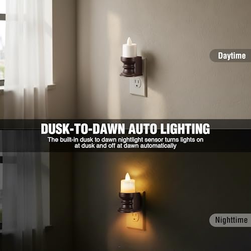 Image of Meonum Flickering Flameless Candle Night Light Plug in, Dimmable LED Nightlight with Dusk to Dawn Sensor, Decorative Candle Light for Bedroom, Hallway, Bathroom (1 Pcs,Warm Yellow & Brown Base)
