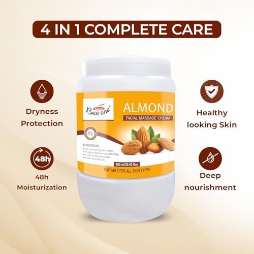 Image of Beeone Almond Massage Cream 900 ml | Skin Brightening & Moisturizing Day Cream for Face, Body & Hands | Lightweight & Non-Greasy | Paraben-Free, Sulphate-Free, | Daily Use for Men & Women