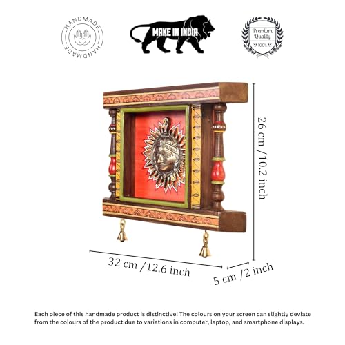 Image of Divya-I Wall decor frame with beautiful Brass Sculpture of Surya Dev | Handcrafted Wall Art for Home Decor & Office Spaces