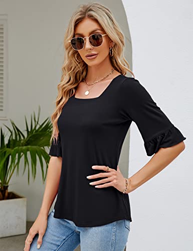 Womens 3/4 Sleeve Shirts Summer Square Neck Bell Sleeve Tops Business Casual Loose Tunic Work Dressy Blouses4