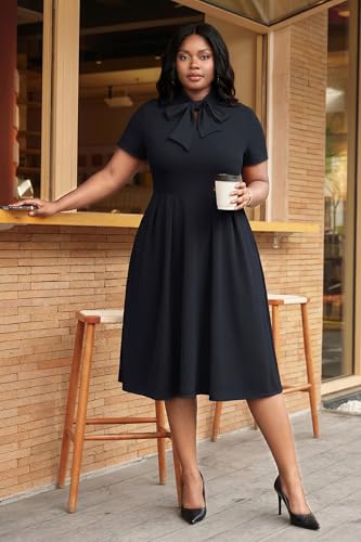 Image of FANDEE Midi Dress for Women Casual Short Sleeve A-line Semi Formal Fit and Flare Dress Classy Tie Neck Work Business Dresses