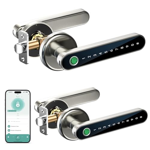Image of IRONZON IRONZONFingerprint Door Handle for Bedrooms - 190YN 4-in-1 Fingerprint Door Lock with Keypad and App Control, Smart Knob for Bedroom with Key, Keyless Entry Door Handle - Satin Nickel