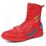 UKUBOXBAG Mens Womens Boxing Sport Shoes, Mesh Breathable Boxers Fashion Sneakers High Top Wrestling Fitness Boots,Red,8.5