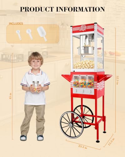 Image of Large Popcorn Machine with Cart: 12 Oz Vintage Commercial Popcorn with Candy Dispenser Makes Up to 48 Cups, 3 Serving Cups, Measuring Cups & a Scoop for Home Party Office, Matte Red