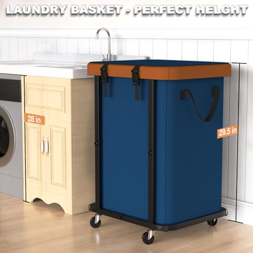 Image of 150L (40 Gal) Fashion Laundry Basket with Wheels, Leather Patchwork Rolling Hamper Carts, Sturdy Metal Frame, Removable Washable Bag, Tall Clothes Sorter for Bedroom, Laundry Room - Navy Blue