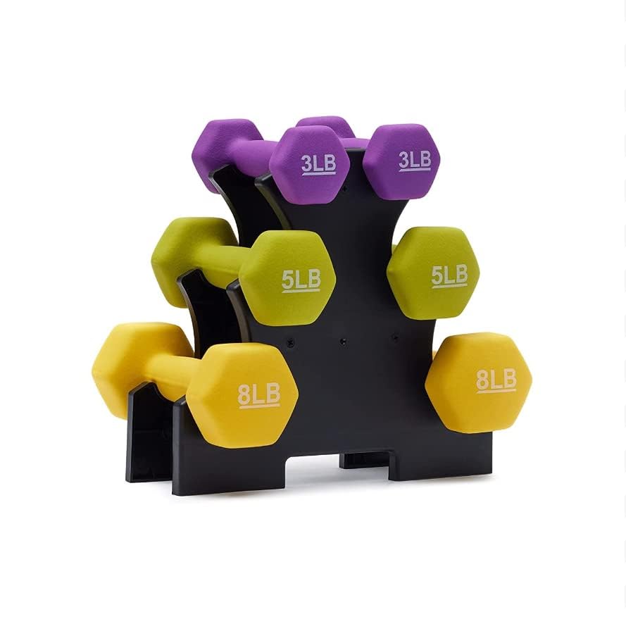 Image of KAKSS Neoprene Dumbbells Set with Stand 3Lb+5Lb+8Lb Pair, Multicolor Hex Dumbbells with Easy-Grip Coated Finish, Cast Iron Hand Weights for Home Gym Equipment and Fitness Training for Women and Men