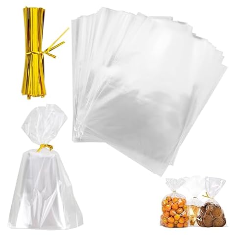 RUCUDIM Torby celofanowe, 200 sztuk, plastikowa, 15 x 20 cm, na ciasteczka z 200 złotymi opaskami kablowymi, przezroczyste torebki na słodycze, na przyjęcie urodzinowe dla dzieci