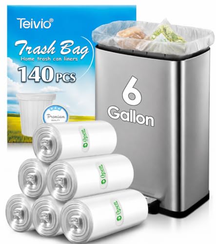 Image of Teivio 6 Gallon 140 Counts Medium Clear Garbage Bags Trash Bags, Bathroom Trash Can Bin Liners, Plastic Bags for kitchen home office bedroom,Clear