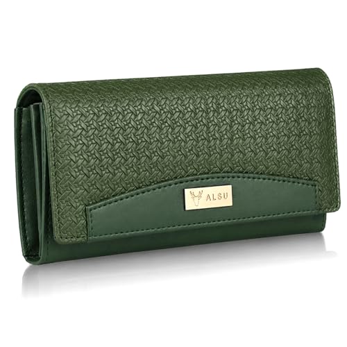 Image of ALSU Premium Vegan Leather Women's Wallet Black | Elegant Clutch Purse with 6 Card Slots, 3 Main Compartments & Phone Pocket | Designer Wallet for Everyday Use (Green)