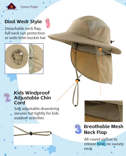 Image of Home Prefer UPF 50+ Boys Sun Hat with Neck Flap Wide Brim Summer Beach Bucket Hat for Boys Girls Toddler Kids Safari Hat