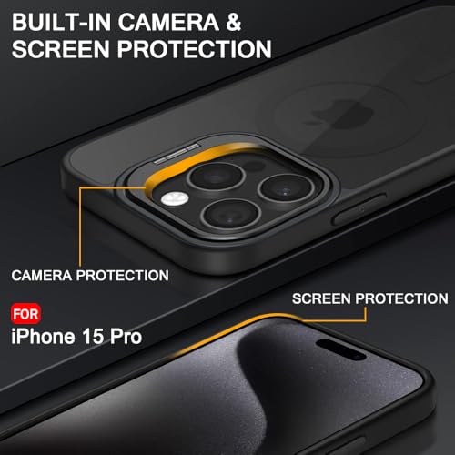 Image of TheGiftKart Hybrid Matte Frosted Back Cover Case for iPhone 15 PRO Compatible with MagSafe | Built-in Stand | Shockproof Hard Case Cover for iPhone 15 PRO (PC & TPU, Translucent Black)