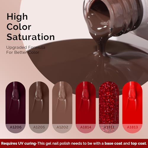 Image of MelodySusie Red Brown Gel Nail Polish Set - 6 Colors Burgundy Red Glitter Beige Brown Soak Off UV LED Gel Polish Gift for Women Nail Art Manicure Salon DIY Nail Design Decoration at Home