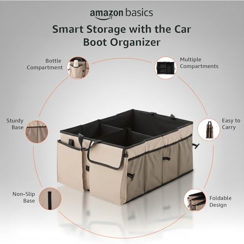 Image of Amazon Basics Car Boot Organizer with 3 Large Compartments & 8 Mesh Pockets | Foldable 600D Oxford Storage Box with Lid & Securing Straps (Beige, 58x43x27 cm)