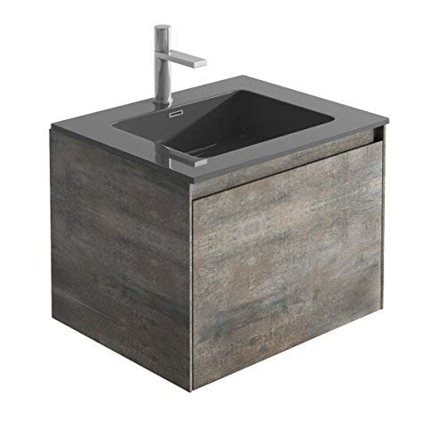 The Bath People Urban Bathroom Furniture Metallic Brown Wall Hung Vanity Unit Storage 1 Soft Close Drawers with Black Matt Resin Basin- 600mm