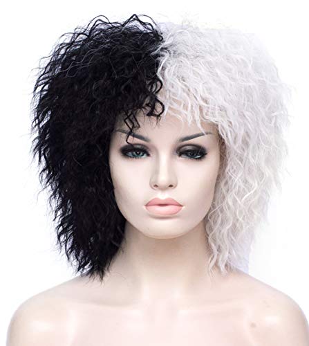 Bopocoko Black White Wigs for Cruella Deville Cosplay Costume Women Short Curly Wavy Bob Wig Cute Hair Wigs for Party Halloween BU110BW