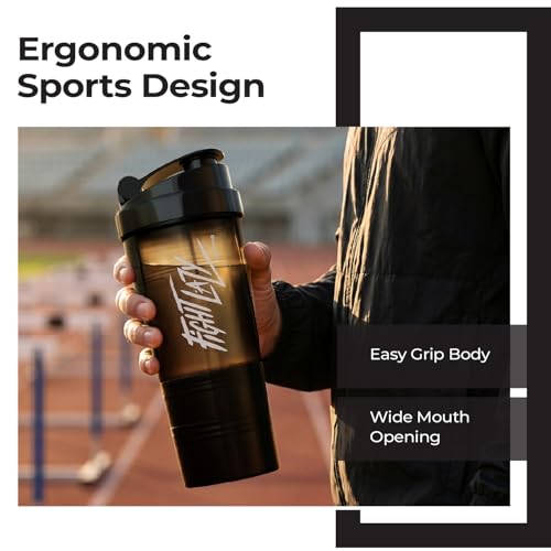 Image of Lifelong Protein Shaker Bottle for Gym | 500 ml Bottle| 2 Storage Compartments for Pre Workout & Supplements| Steel Whisk| Leakproof | BPA-Free Shaker For Gym | Sipper Water Bottle for Adults (Black)
