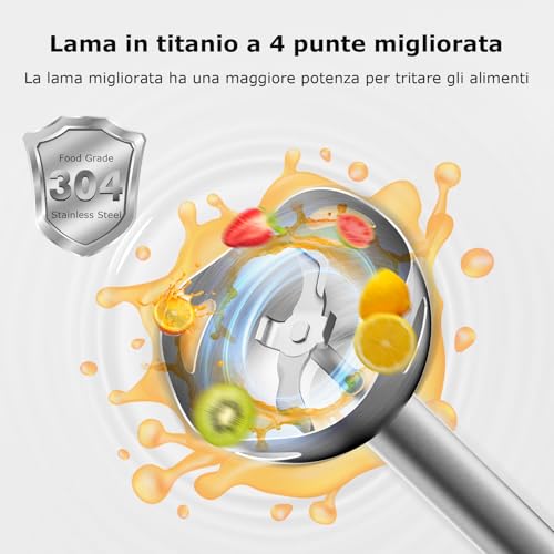 Bonsenkitchen Frullatore a Immersione 2 in 1, Minipimer in acciaio inossidabile da 1000 W, 2 Velocità, con Misurino da 700 ml con Coperchio, per Pappe, Zuppe, Frullati, Puree - Immagine 3