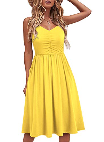 Image of YATHON Casual Dresses for Women Sleeveless Cotton Summer Beach Dress A Line Spaghetti Strap Sundresses with Pockets
