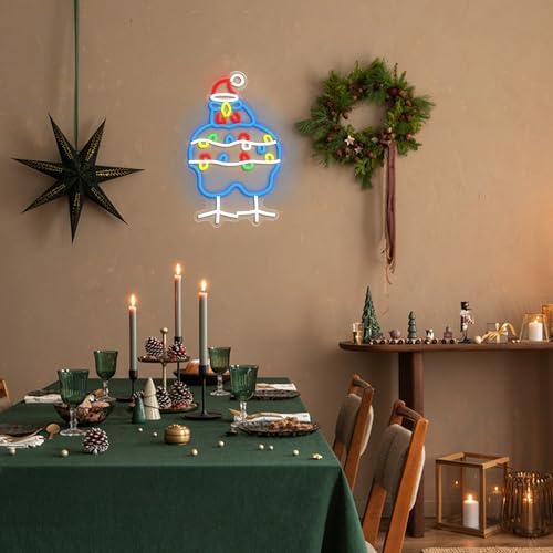 Image of GNVETZLL Chicken Christmas Neon Sign Santa Hat Neon Light Sign Merry Christmas Rooster Neon Light for New Year Party Living Room Club Decoration(16.54 * 10.43In)