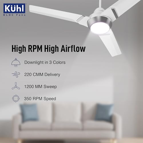 Image of KUHL Juwel J3 1200 mm 65% Power Saving BLDC Ceiling Fan | BEE 5 Star Rated & ISI Marked | High Air Flow | 5 Year Warranty on Motor | White