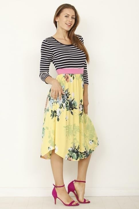 Image of Eloges Women's 3 /4 Sleeve Contrast Waist Band Floral Curved Hem Midi Dress