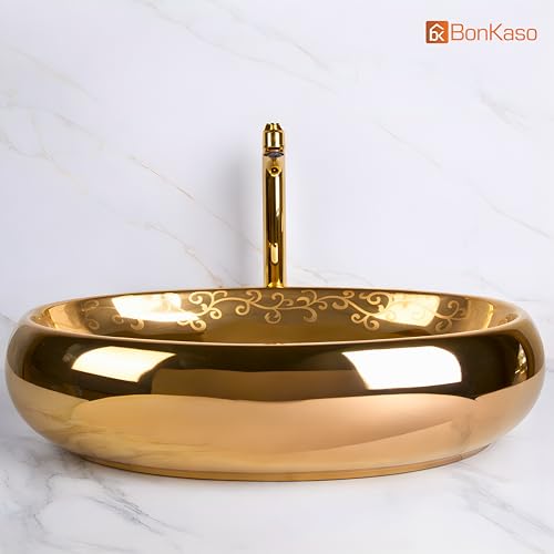 Image of BONKASO Pearl 1006 Luxury Golden Polished Ceramic Table Top Wash Basin (61 x 43 x 14.5 cm) | Large Countertop Bathroom Sink | Modern Designer Vanity Wash Basin