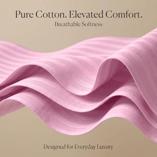 Image of Mafatlal Italian Strip King Size Bed Sheet Cotton with 2 Pillow Covers| 210 TC Pure Cotton Flat Bedsheet Pink | 108 x 108 Inches | Soft & Durable