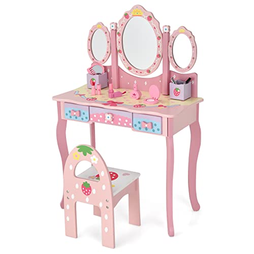 LIFEZEAL Tocador con espejo de 3 persianas y taburete para niños, juego de tocador 2 en 1 con tapa extraíble, accesorios y 3 cajones, mesa de aseo para niñas, rosa Cover