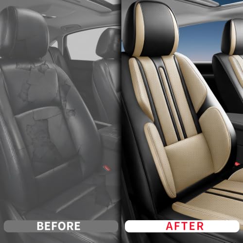 Image of Fit Canyon Car Seat Covers (Only Front 2 Seats) Compatible with GMC Canyon 2015-2024 2025 2026 - Full Coverage Breathable Leather,Airbag Compatible,Waterproof & All-Weather,Black-Beige