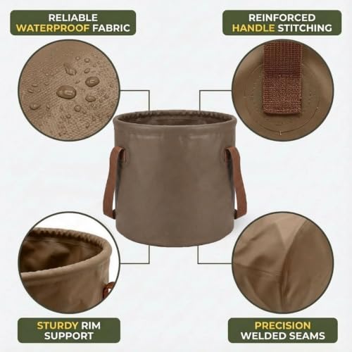 Image of Water Bucket 20L | Foldable Waterproof PVC Bucket | Portable Water Storage for Camping, Fishing, Gardening, Trekking & Home (20 Liter Brown)