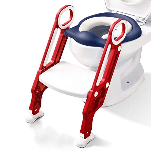 Potty Training Toilet Seat with Step Stool Ladder for Kids Children Baby Toddler Toilet Training Seat Chair with Soft Cushion Sturdy and Non-Slip Wide Steps for Girls and Boys (Blue Red)