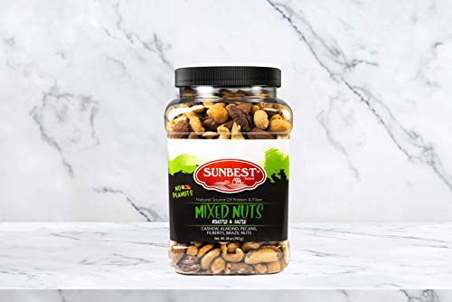 SUNBEST NATURAL Mixed Nuts Roasted & Salted 28oz Jar Resealable Canister. CASHEW, ALMOND, PECANS, FILBERTS, BRAZIL NUTS