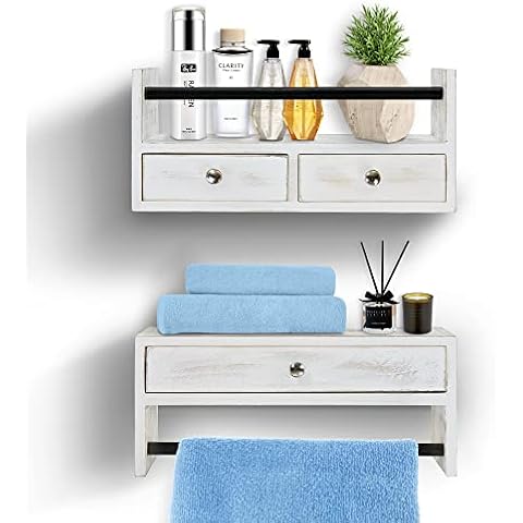 Y&ME YM Bathroom Shelf with Drawers Set of 2, Floating Nightstands for Bedroom, Wall Drawer and Towel Rack Mounted, Bathroom, Living Room, Kitchen (White) Cover