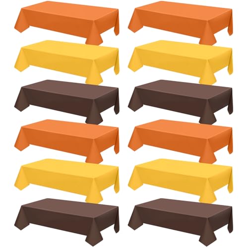 Image of CIEOVO 12 Pcs Plastic Tablecloths, Disposable Rectangle Yellow Orange Brown 54 x 108 Inch Waterproof Table Covers for Fall Harvest Thanksgiving Day Family Birthday Baby Shower Party Decorations