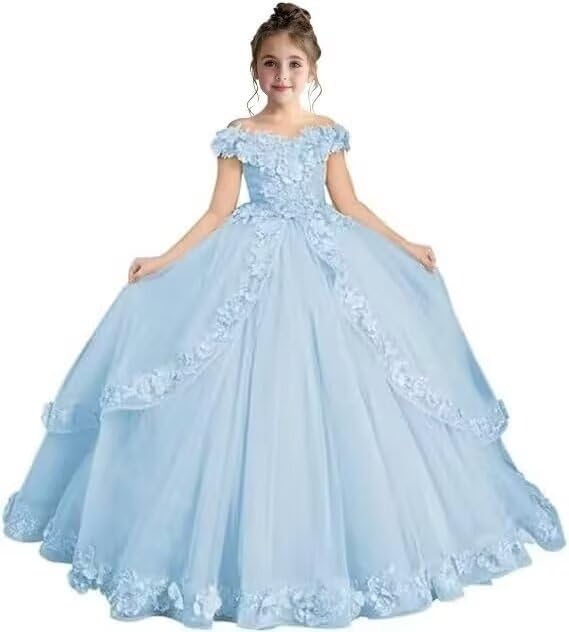 Off Shoulder Tulle Flower Girl Dress Pageant Dresses for Girls Lace Appliques Princess Ball Gown Dresses for Girls