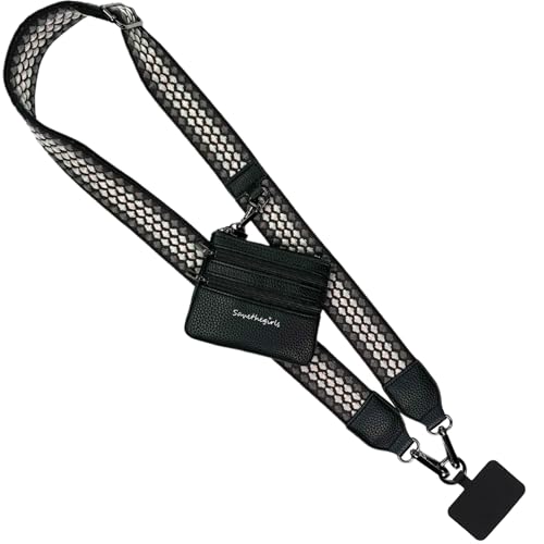 Image of Save the Girls Original Clip and Go Phone Strap Pattern (Fun Dots - Black /Grey) - Crossbody Phone Strap Chain with Zipper Wallet Pouch - Phone Lanyard Zippered