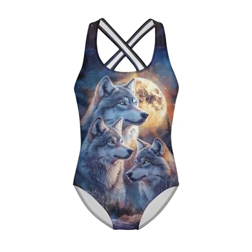 Guosanchn Wolf Swimsuit for Girls Size 9 10 Moon Sleeveless Crew Neck Swimwear Comfortable Breathable Bathing Suit Summer Spaghetti Strap Sunsuit Criss Cross Beachwear